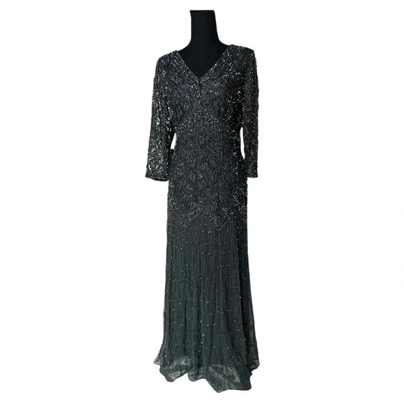 Pisarro Nights Beaded Art Deco Gown Gray Size 14 - Picture 1 of 13